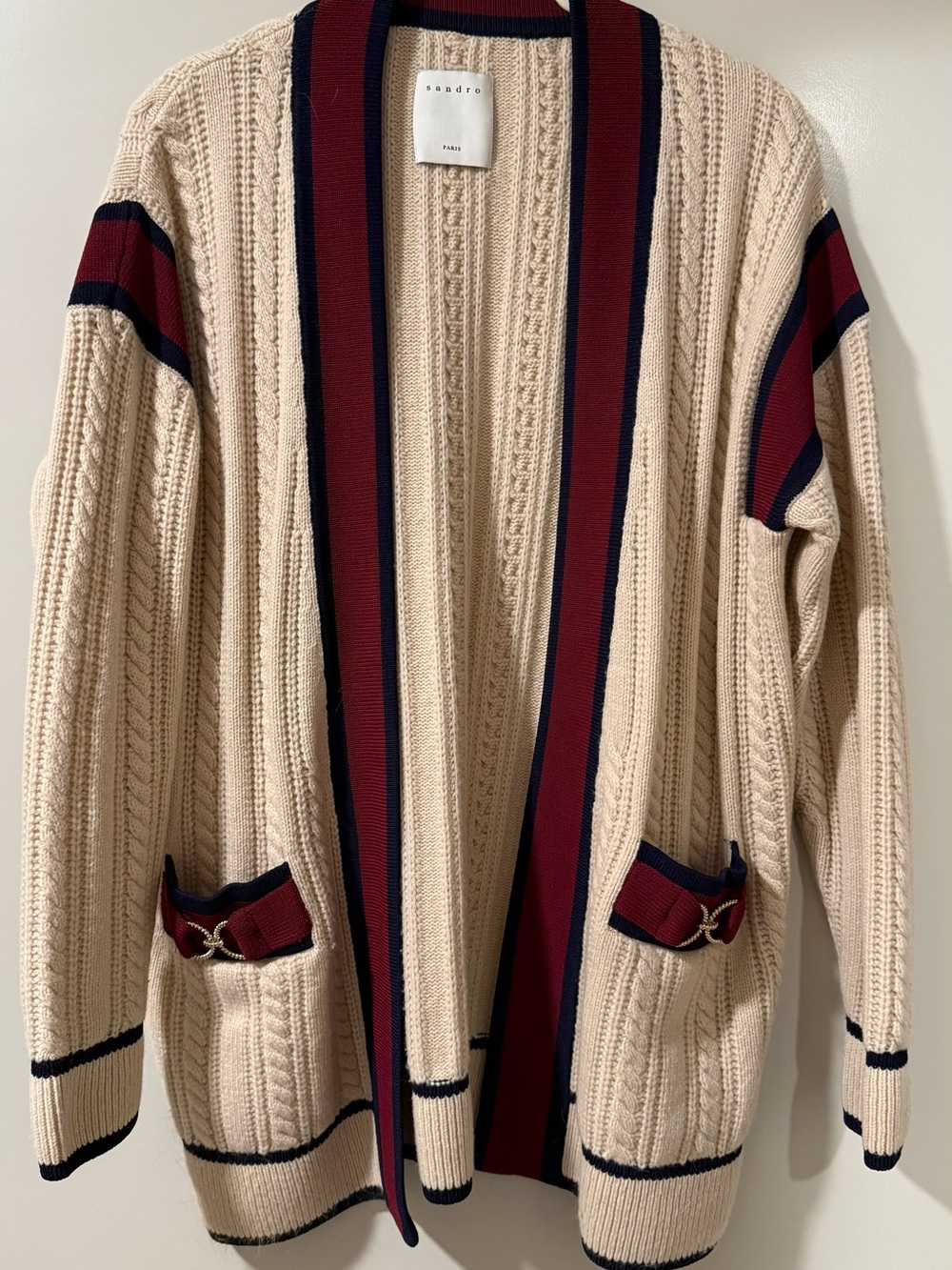 Sandro - 0 Cream Cable Knit Cardigan with Navy & Burgundy Trim